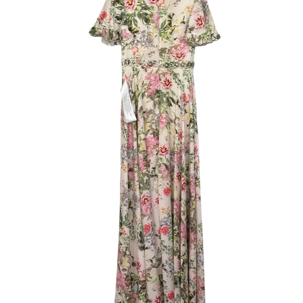 NWT MAC DUGGAL FLORAL V-NECK PLEATED MAXI DRESS Size 4 - Picture 4 of 15